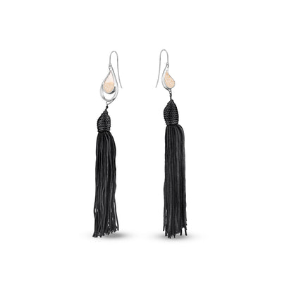 SILVER SEA & SAND EARRINGS BLACK TASSELS